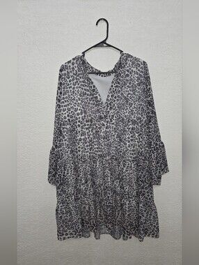 Gray Leopard Print Tiered Tunic Dress Large